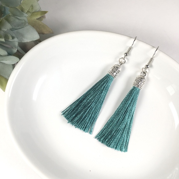 Peacock Green Tassel Drop Earrings - Picture 1 of 4
